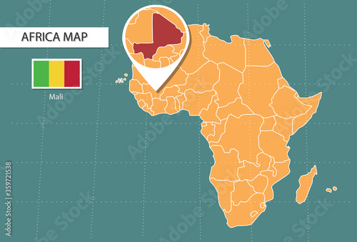 Mali map in Africa zoom version, icons showing Mali location and flags.	