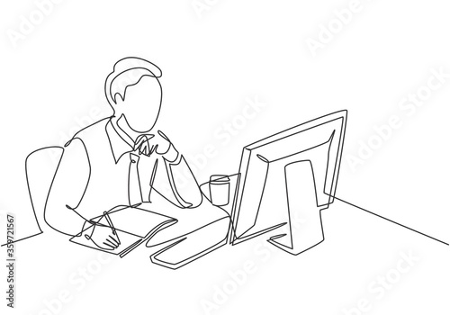One single line drawing of young pensive businessman sitting and watching computer screen to analyze data company. Business analysis writing concept continuous line draw design vector illustration