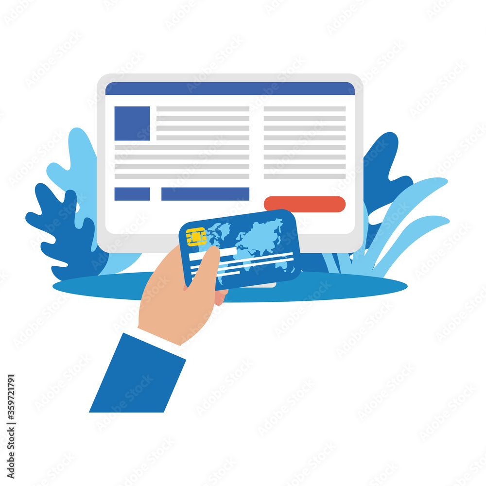 hand holding credit card and computer vector design hand holding credit card and computer vector design