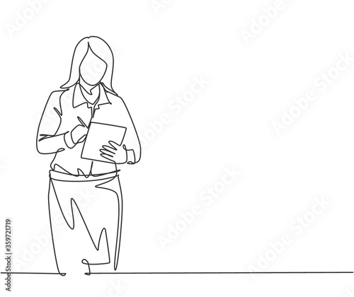 One single line drawing of young pensive female manager standing and thinking business strategy to company. Sales marketing strategy concept. Continuous line draw graphic design vector illustration