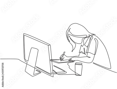 One single line drawing of young pensive female employee works overtime to finish writing company draft business proposal. Business agreement concept continuous line draw design vector illustration