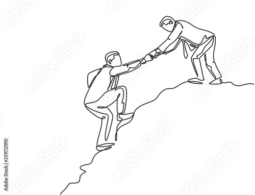 Single continuous line drawing of young male energetic businessman holding hands his partner to help climbing the hill. Trendy teamwork support concept one line draw graphic design vector illustration