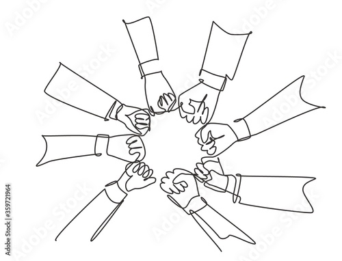 Single continuous line drawing group of young business people unite their hands together to form a circle shape as a unity symbol. Teamwork concept one line draw graphic design vector illustration
