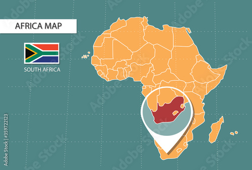 South Africa map in Africa zoom version, icons showing South Africa location and flags.