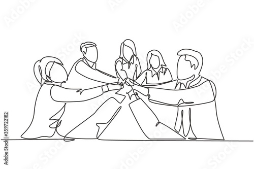 One single line drawing group of young happy male and female business people unite their hands together to form a circle shape. Teamwork unity concept continuous line draw design vector illustration