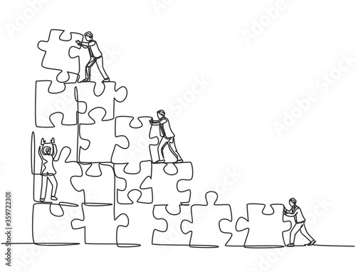 Murais de parede One single line drawing of two young businessman push and arrange puzzle pieces to build a strong building