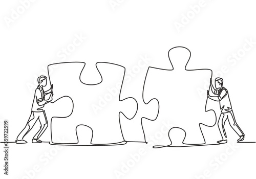One continuous line drawing of two young businessmen push puzzle pieces to unite them as sign to start business collaboration. Modern unity teamwork concept single line draw design vector illustration