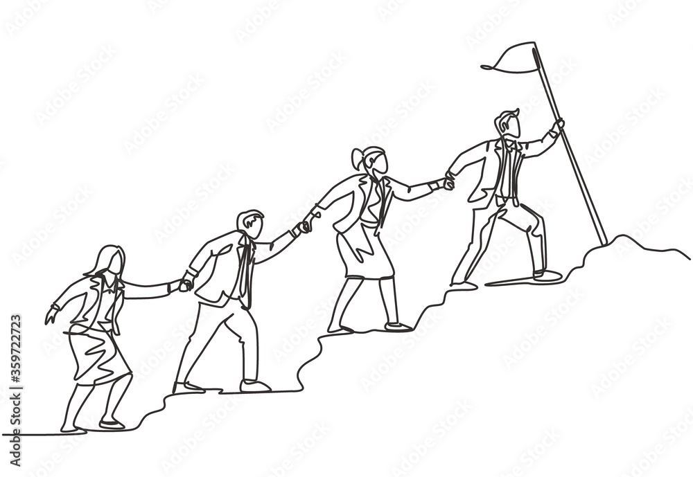 One continuous line drawing of male and female team member stick