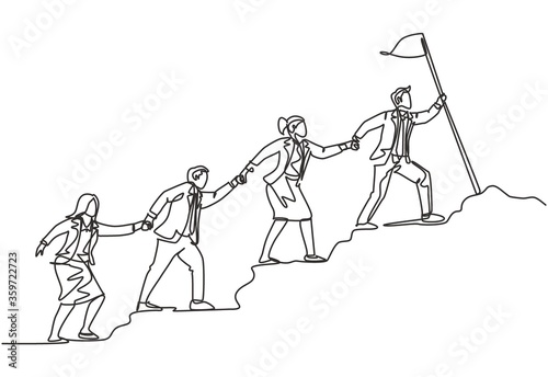 One continuous line drawing of male and female team member stick together follow their leader who holds flag to reach the top of the hill. Teamwork concept single line draw design vector illustration