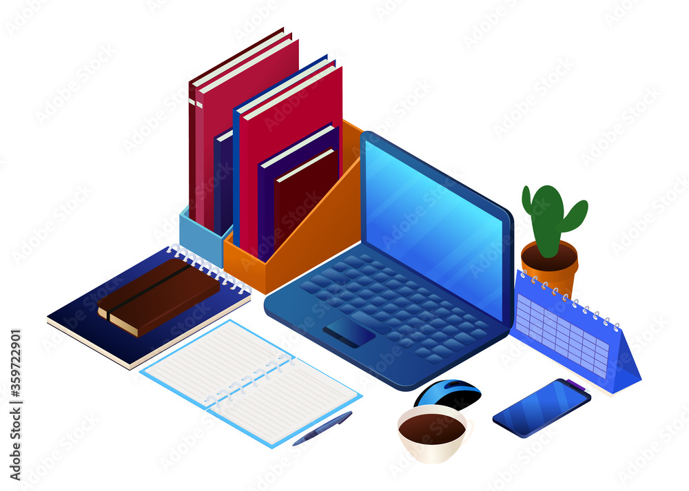 comfortable workplace in isometric style. laptop with stationery and coffee. home office illustration