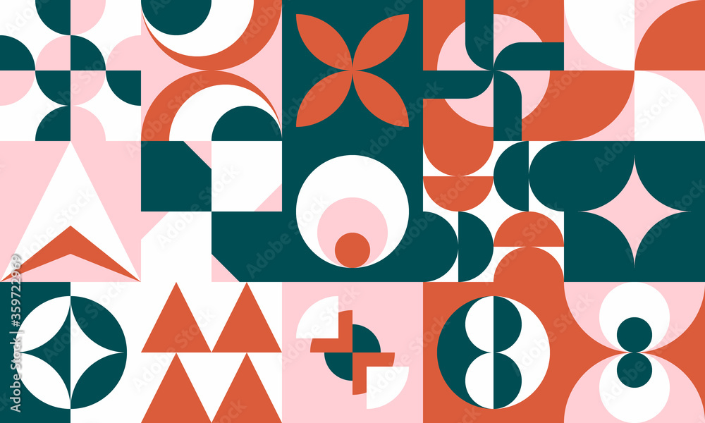 An unusual popular geometric pattern in modern design. Creative abstract background for business and design ideas. Free vector. Geometry circle square cross line zig zag triangle. Art graphic mural.