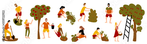 set of harvesting people. autumn farm work. farmers collection set. Women and men pick vegetables and fruits. 