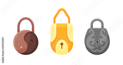 Padlocks. Flat padlock icons for protection privacy, web and mobile apps. Cartoon closed locks. Design template of golden, steel and bronze locks