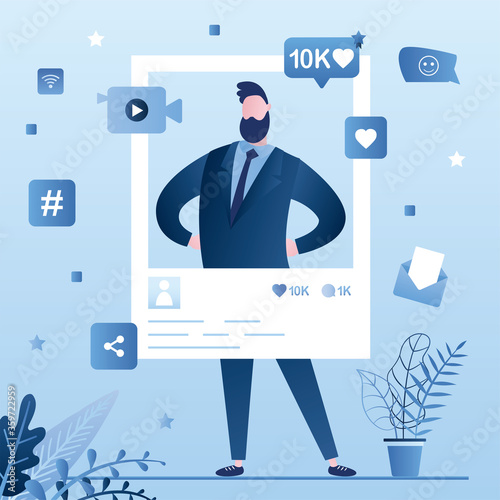 Popular celebrity account. Social media page, handsome man create media content. Online technology, global chatting