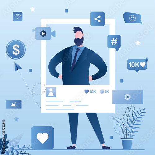 Popular celebrity account. Social media page and icons. Handsome man create video content.