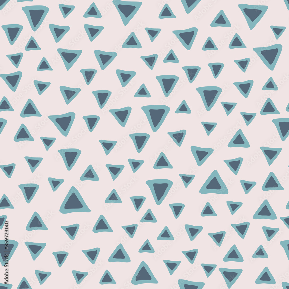 Doodle blue triangle seamless pattern on light background. Abstract triangles wallpaper.