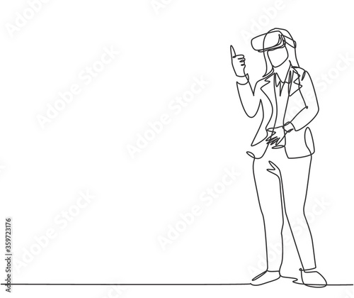 Single continuous line drawing of young businesswoman giving thumb up gesture after successful finishing level at game. Virtual reality game player concept one line draw design vector illustration