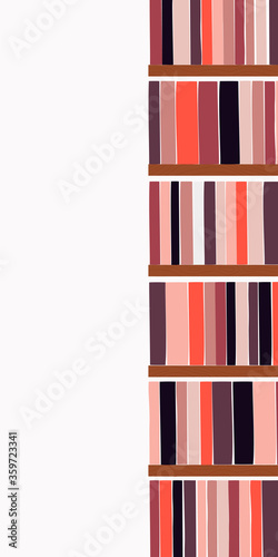 Web banner with wooden bookcase full of different books and empty space for text. Education and study concept. Vector illustration.