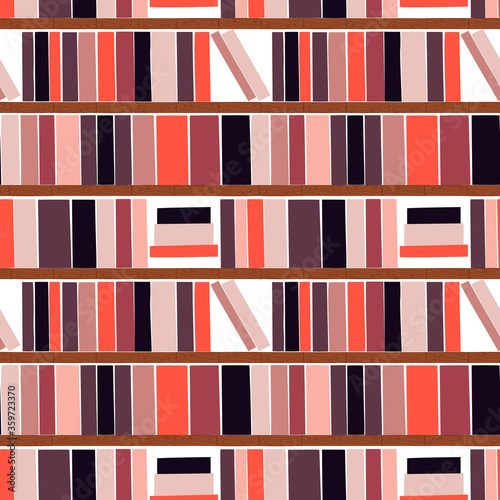 Wooden bookcase full of different books. Seamless pattern. Education library and bookstore concept. Vector illustration.