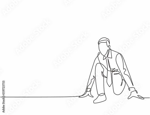 Single continuous single line drawing of young happy businessman get ready to sprint run on running track, from front view. Business race competition concept one line draw design vector illustration