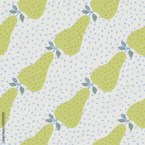 Abstract green pears seamless pattern on dots. Summer juicy fruit wallpaper.