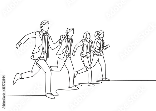 Single continuous single line drawing group of urban commuter workers walking and running to get to the office on time. Urban employee in a rush concept one line draw design vector illustration