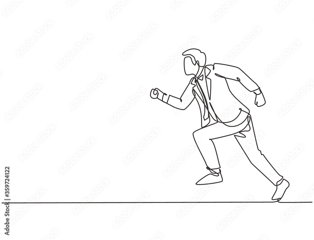 Single continuous single line drawing of young energetic businessman sprint running in street road to reach finish line. Business race competition concept one line draw design vector illustration Single continuous single line drawing of young energetic businessman sprint running in street road to reach finish line. Business race competition concept one line draw design vector illustration