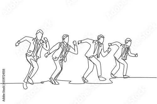 One continuous single line drawing of young male and female manager join run competition on running track to reach finish line. Business sprint race concept single line draw design vector illustration