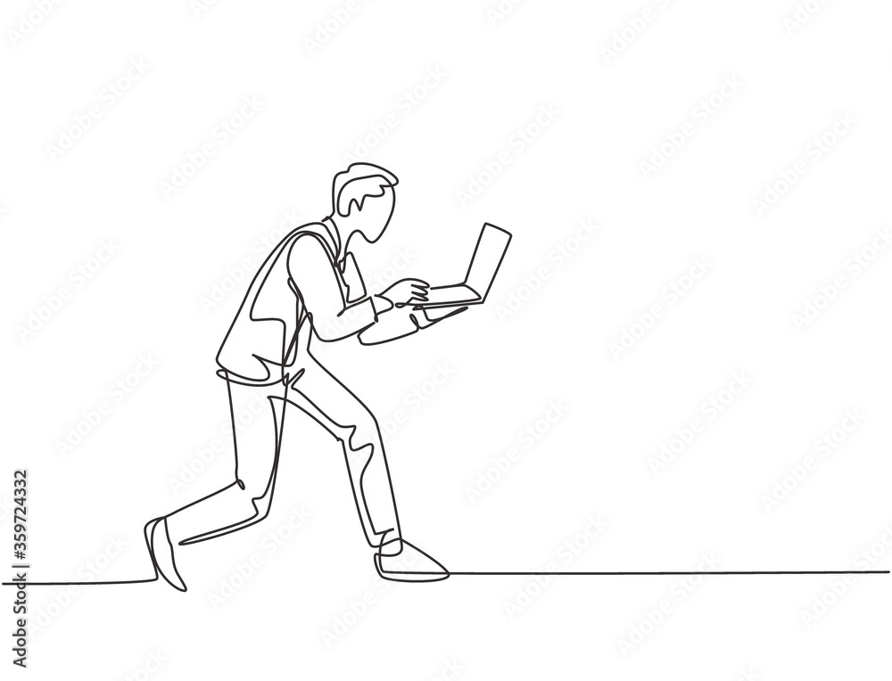 One continuous single line drawing of young rush male worker typing on laptop while he does sprint run go to office. Deadline business work concept single line draw design vector graphic illustration One continuous single line drawing of young rush male worker typing on laptop while he does sprint run go to office. Deadline business work concept single line draw design vector graphic illustration