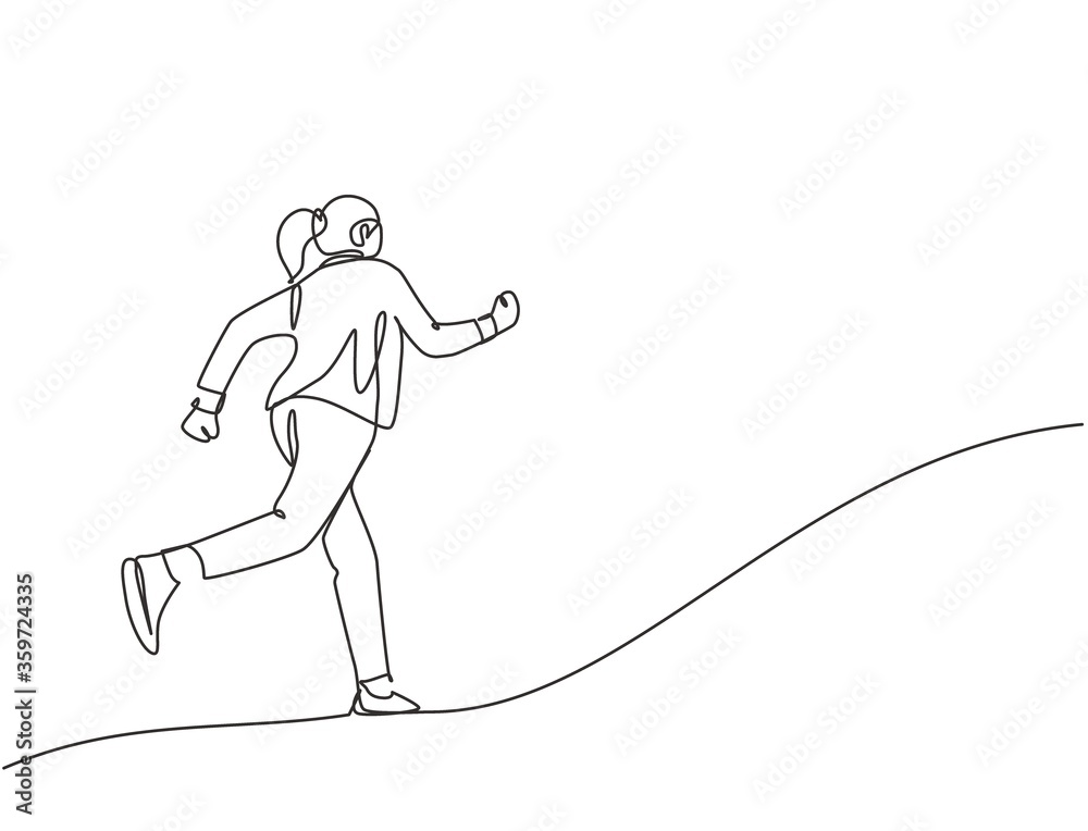 Fototapeta One continuous single line drawing of young happy energetic businesswoman doing running exercise to reach finish line, from rear view. Business race concept single line draw design vector illustration