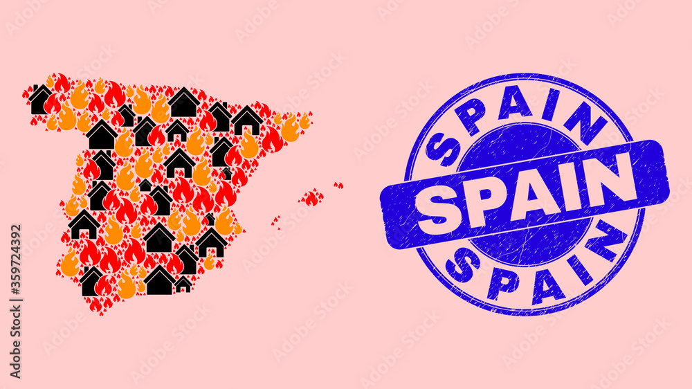 Fire and realty composition Spain map and Spain rubber seal. Vector collage Spain map is constructed of scattered burning cities. Spain map collage is composed for fire guard illustrations.