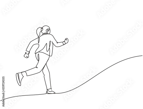 One continuous single line drawing of young happy energetic businesswoman doing running exercise to reach finish line, from rear view. Business race concept single line draw design vector illustration