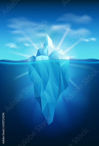 Vector iceberg in the water, sun and clouds in north, template for design.