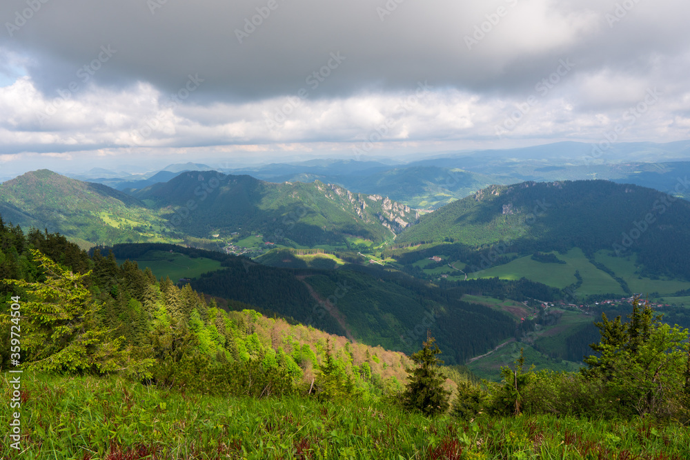 Fototapeta premium Mountain green valley village landscape. Mountain valley town panorama