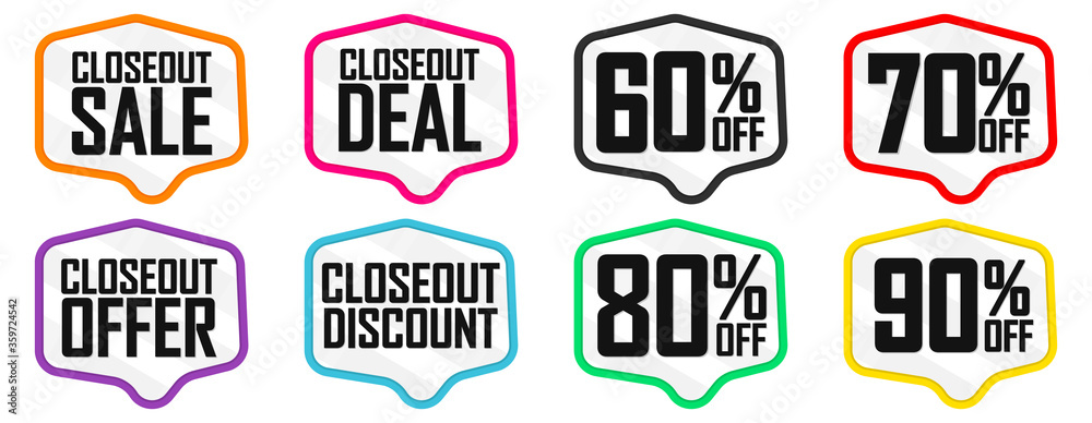 Fototapeta premium Set Closeout Sale banners design template, discount tags, vector illustration