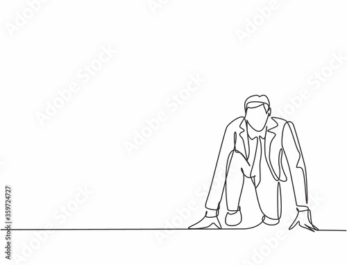 One continuous single line drawing of young happy businessman gets ready to doing sprint run on running track, from front view. Business race concept trendy single line draw design vector illustration