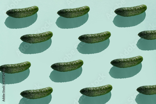 Cucumber  vegetable  pattern. Colorful of fresh cucumber on blue background.  Photography collage. Minimal summer vegetables pattern
