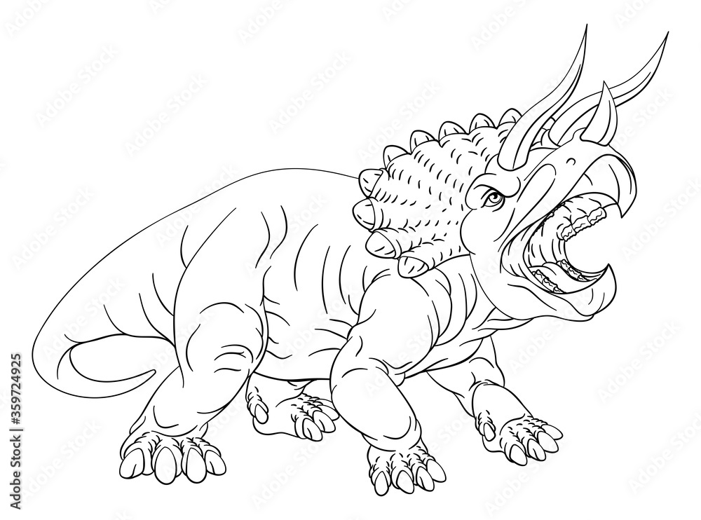 A dinosaur triceratops black and white outline cartoon like a kids