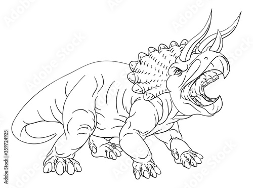 A dinosaur triceratops black and white outline cartoon like a kids coloring book page