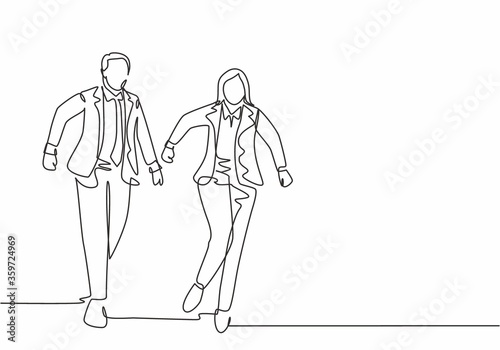 One continuous single line drawing of young male and female manager join run competition on running track to reach finish line. Business sprint race concept single line draw design vector illustration