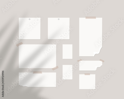 Mood board mockup template. Empty sheets of white paper on the wall with shadow overlay. Mockup vector isolated. Template design. Realistic vector illustration.