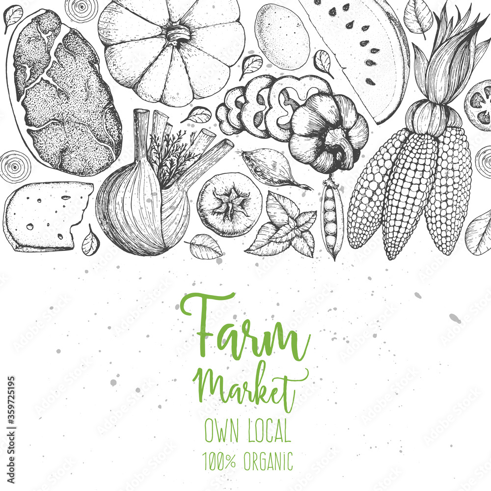 custom made wallpaper toronto digitalHealthy food vector illustration. Farm market products hand drawn. Organic food set. Engraved style elements for design.