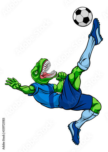 A dinosaur T Rex or raptor soccer football player cartoon animal sports mascot kicking the ball