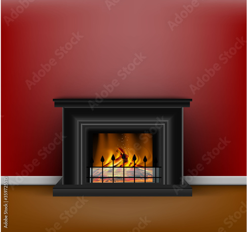 classic black fireplace with a blazing fire for interior design in sandy or hygge style on red background