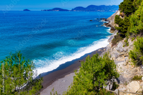 Fototapeta Naklejka Na Ścianę i Meble -  Panorama from the beach of Punta Corvo Montemarcello on the Gulf of La Spezia Liguria Italy
