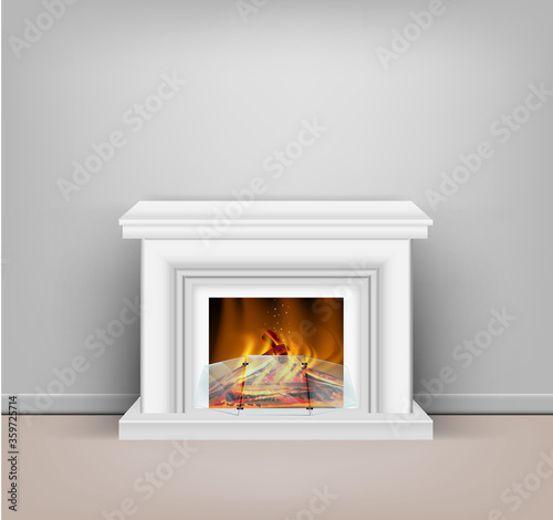 classic white fireplace with a blazing fire for interior design in sandy or hygge style