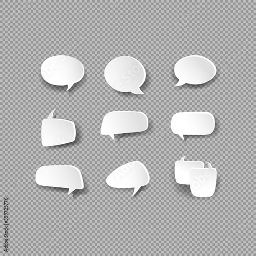 White bubble speech icon set. Various empty shapes with shadow. Chat, communicate or comment symbol. Vector on isolated background. Eps 10.