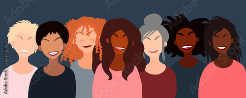 Group of happy smiling women of different race together. Flat style vector illustration. Feminism diversity tolerance girl power concept.