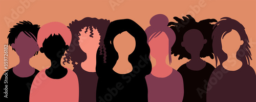 Group of happy smiling women of different race together. Flat style vector illustration. Feminism diversity tolerance girl power concept.