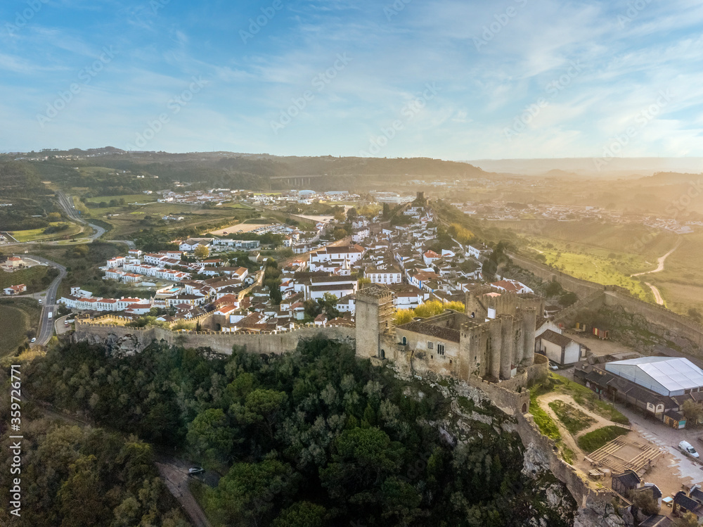 Aerial shoot of Obidos with historic walls and castle, Portugal